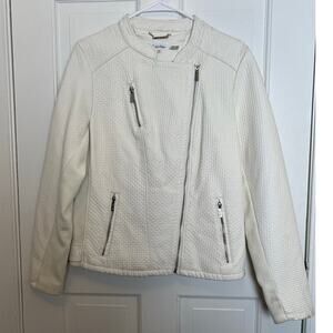 Calvin Klein White Ivy Textured Faux Leather Moto Jacket Mixed Media Women's L